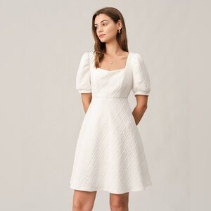 Rihoas The Solid Textured Puff Short Sleeve Mini Dress Square Neck White Size L